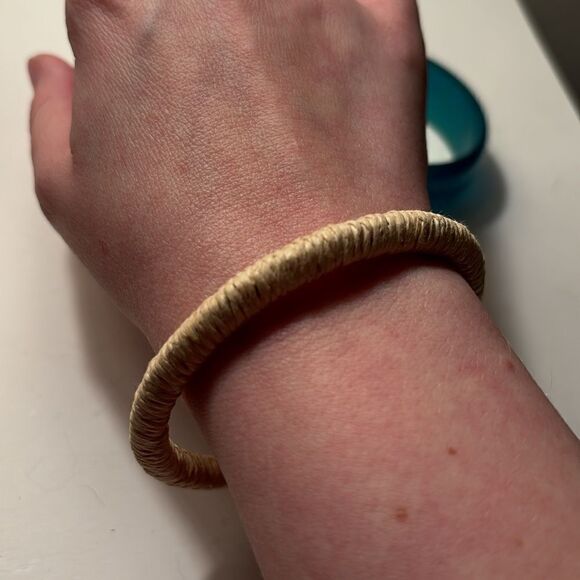 Bundle of Two Bangle Fashion Bracelets; Teal translucent/ cream colored wound - Picture 6 of 8